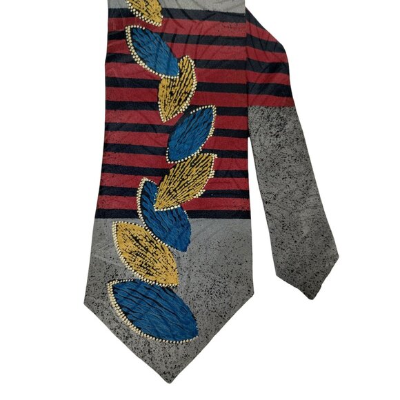 Retro Palatina Mens Vintage Silk Tie With Stripes and Geometric Leaf Patterns - Picture 3 of 6